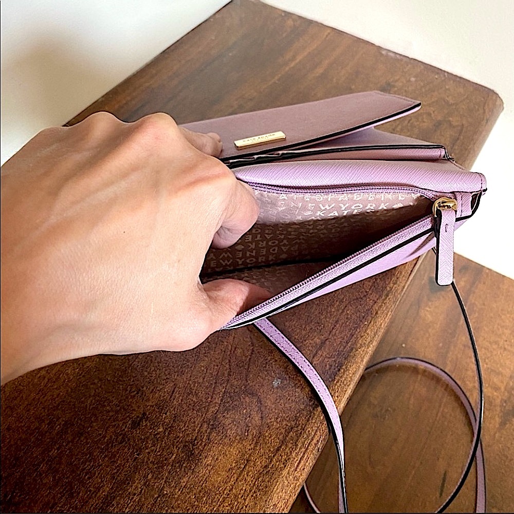 Kate Spade Bright Lavender Leather Mini Crossbody Bag Clutch Wallet 14K Gold - Picture 8 of 12